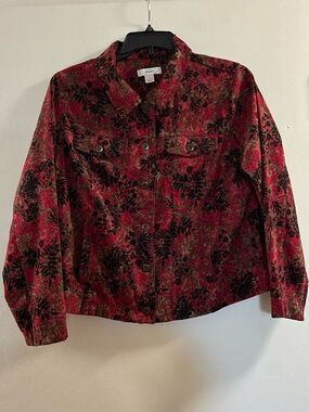 CJ Banks Red and Black Velvet Floral Utility Jacket